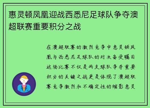 惠灵顿凤凰迎战西悉尼足球队争夺澳超联赛重要积分之战